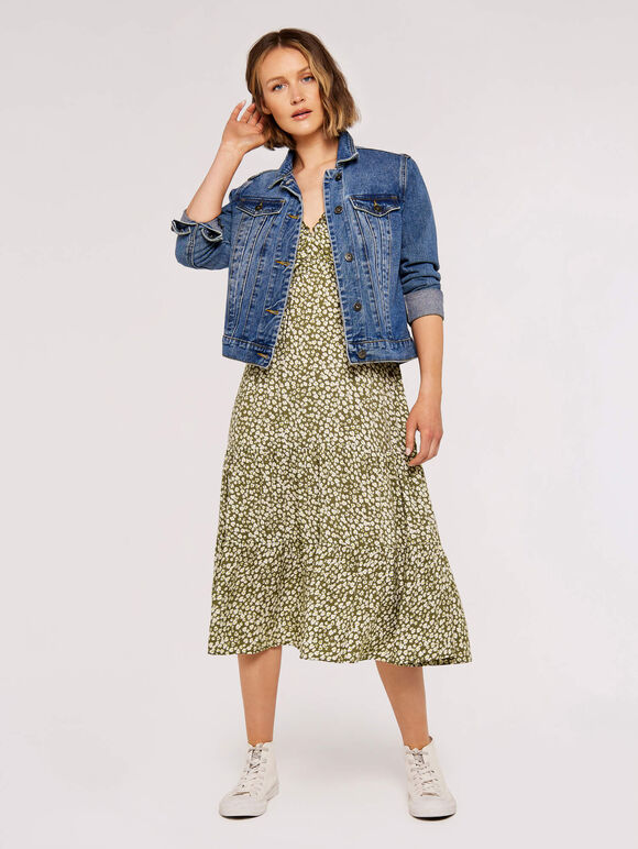 Daisy Print Tiered Midi Dress, Khaki, large