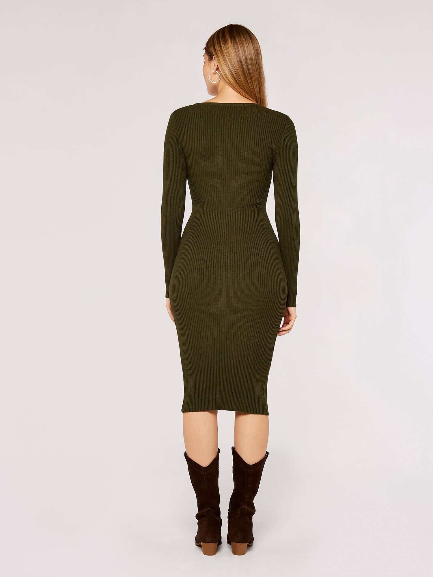 Buttoned Ribbed Midi Dress Apricot Clothing