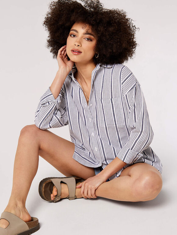 Striped Oversize Shirt, Cream, large