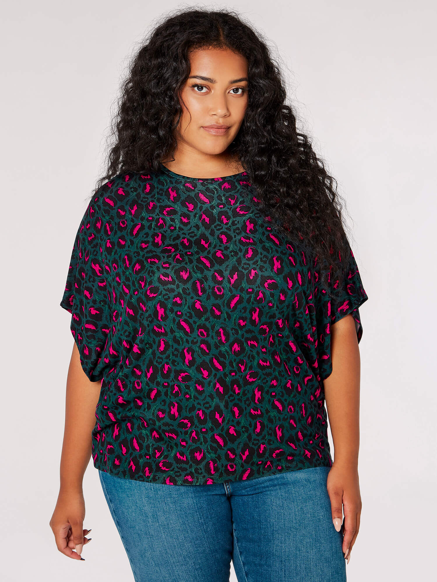 Curve Brushed Cheetah Batwing Top Apricot Clothing