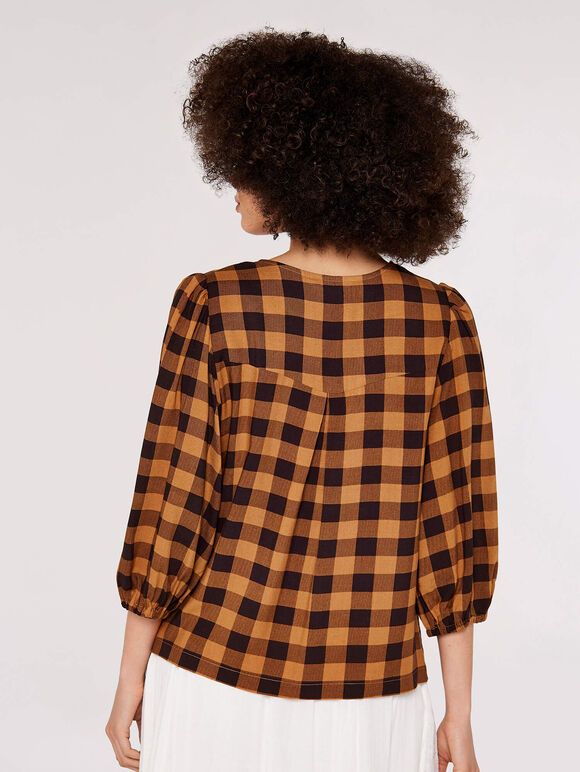 Gingham Check Balloon Sleeve Blouse, Brown, large