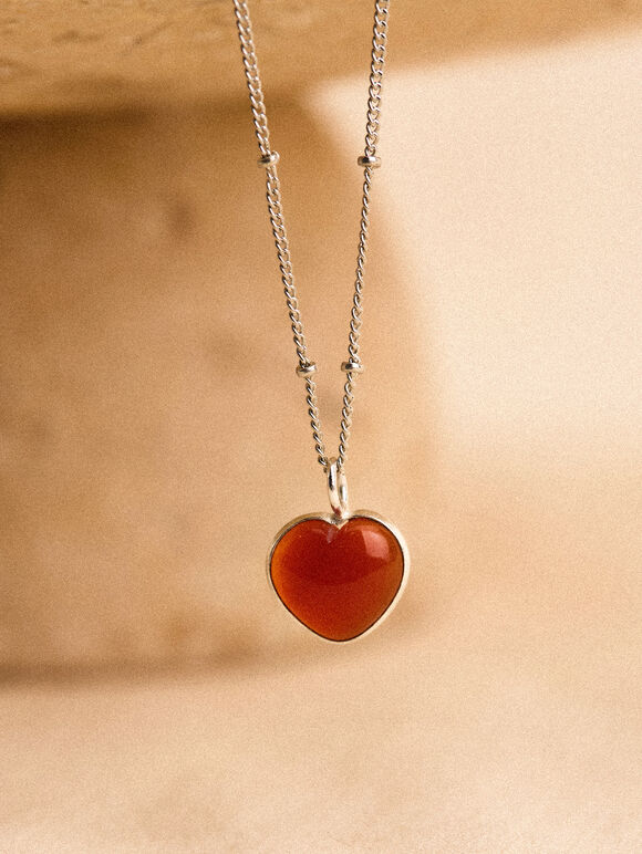 Silver Tone Heart Pendant Necklace, Red, large