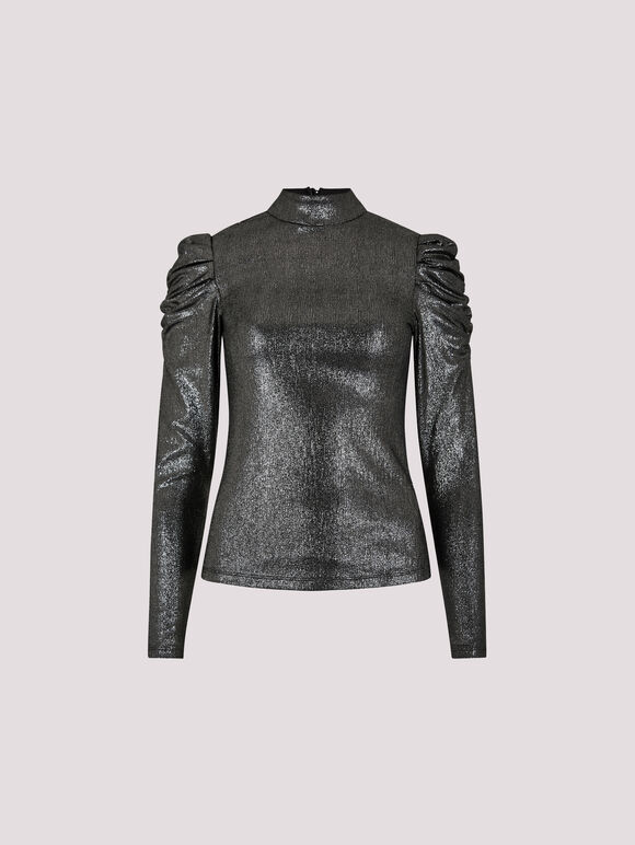 Metallic Foil Ruched Shoulder Top, Silver, large