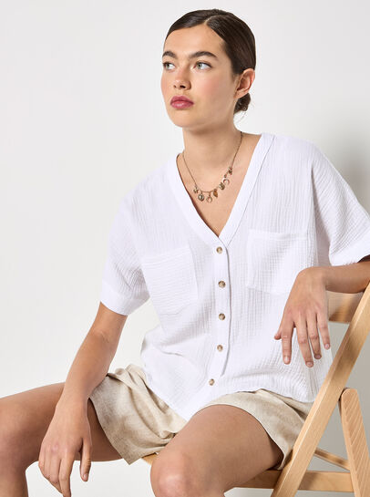 Textured V-Neck Cotton Blouse
