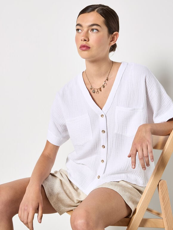 Textured V-Neck Blouse, White, large