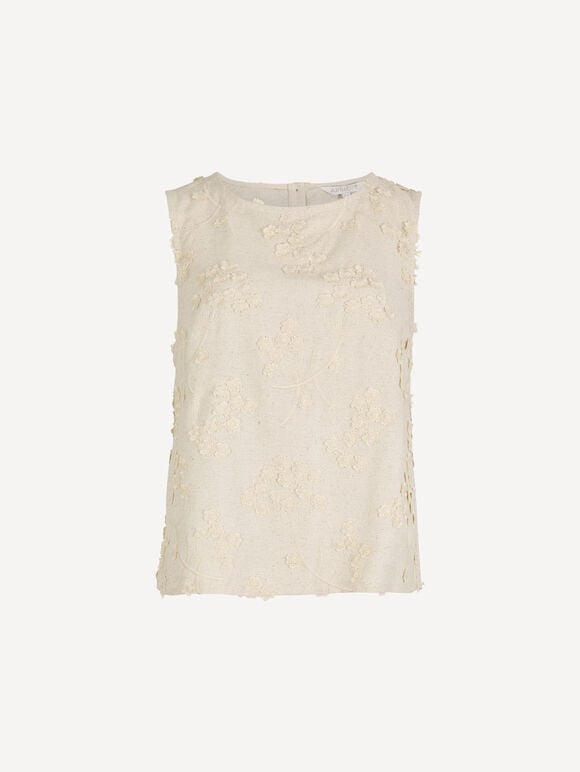 Embroidered Floral Linen Blend Shell Top, Stone, large