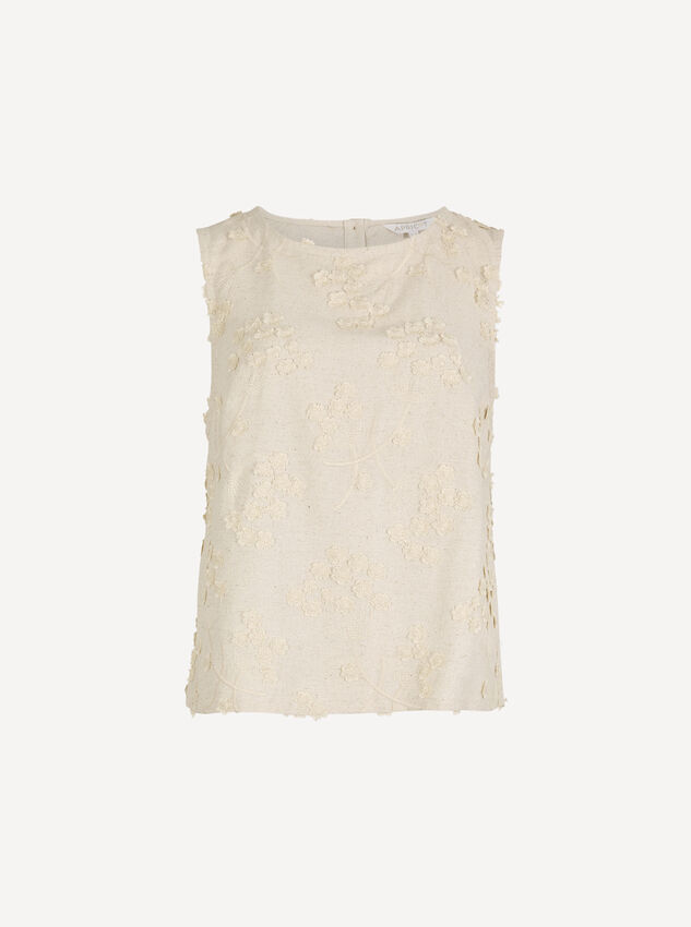 Embroidered Floral Linen Blend Shell Top, Stone, large