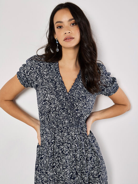 Floral Fruit Wrap Midi Dress, Navy, large