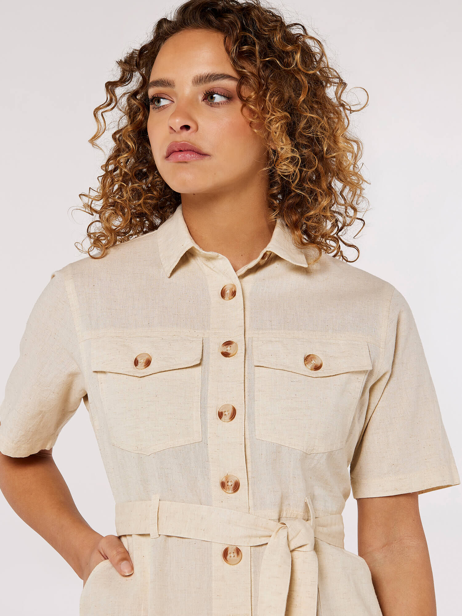 Linen Safari Midi Dress Apricot Clothing