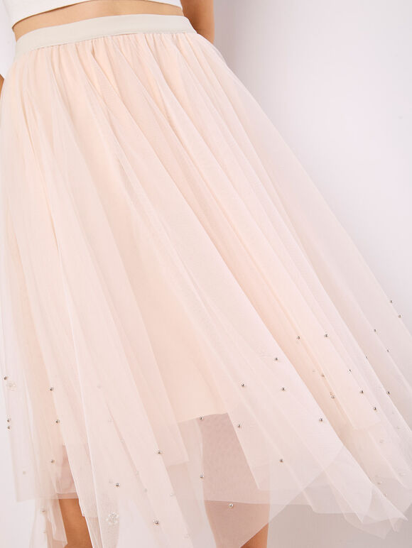 Pearl Embellished Tulle Midi Skirt, Stone, large