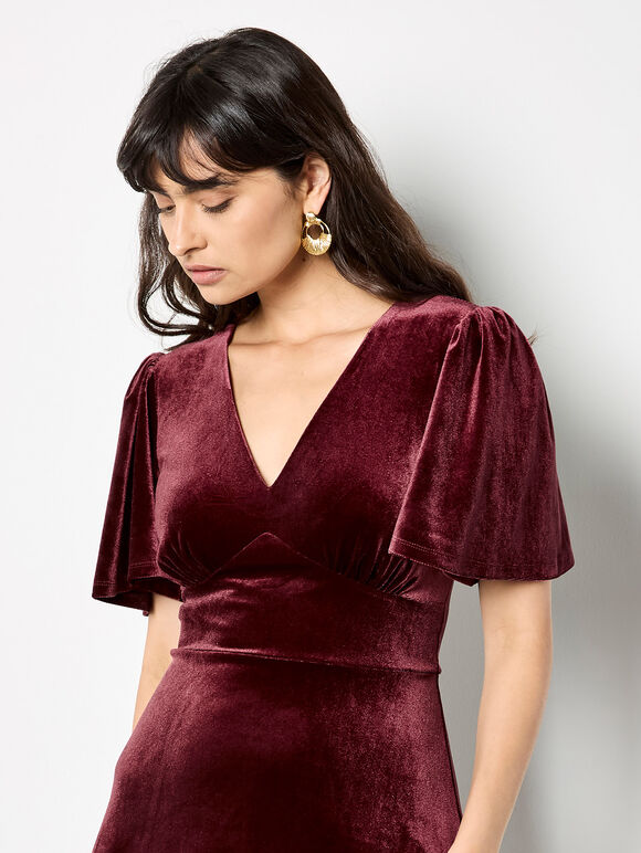 Empire Waist Velvet Mini Dress, Burgundy, large