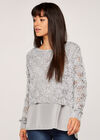 Sequin Chiffon Layered Knit Top, Light Grey / Silver, large