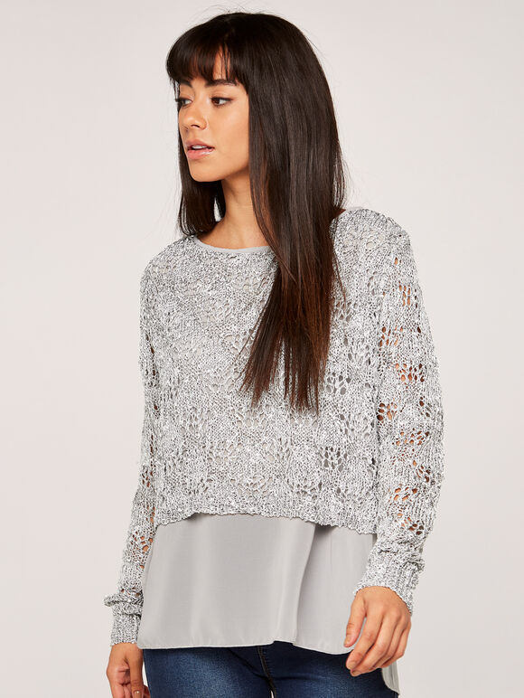 Sequin Chiffon Layered Knit Top, Light Grey / Silver, large