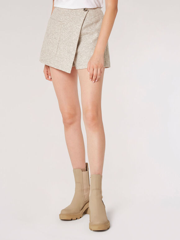 Tweed Wrap Mini Skort, Stone, large