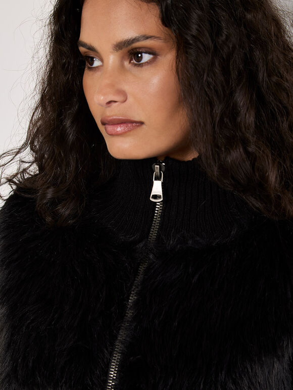 Faux Fur Ribbed Knit Cardigan, Black, large