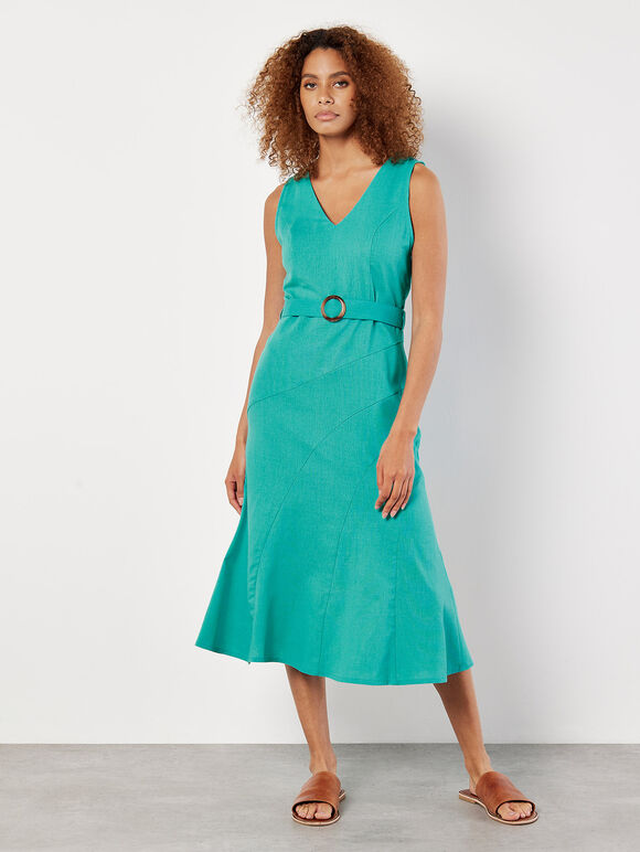 Linen Blend Belted Midi Dress, Blue, large