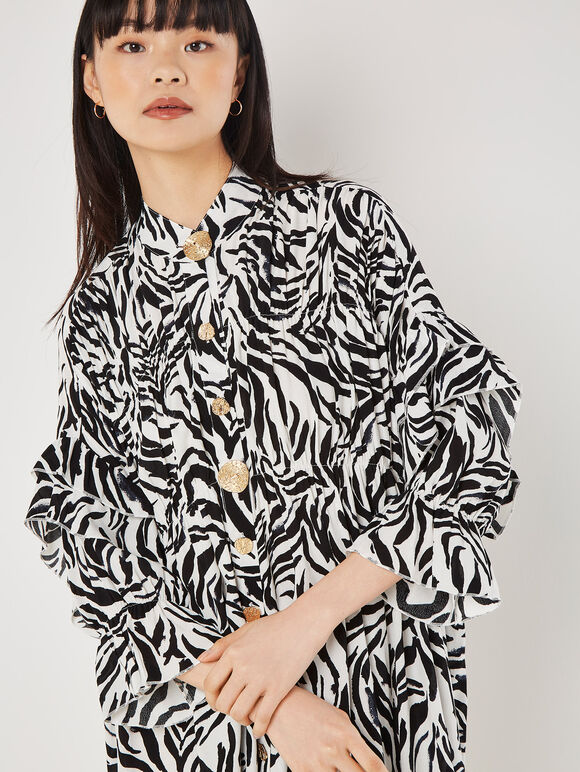 Zebra Oversized Tiered Mini Dress, Black, large