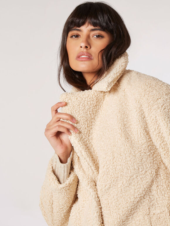 Longline Borg Teddy Coat, Stone, large