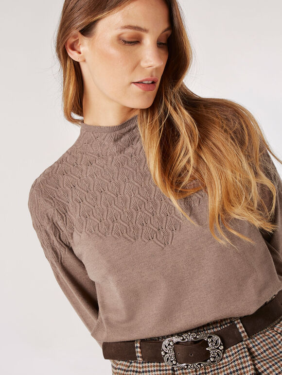 Pointelle Shell Fine Knit Jumper, Brown, large