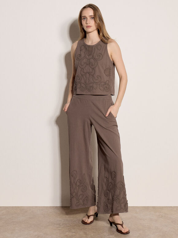 Embroidered Cotton Shell Top, Stone, large