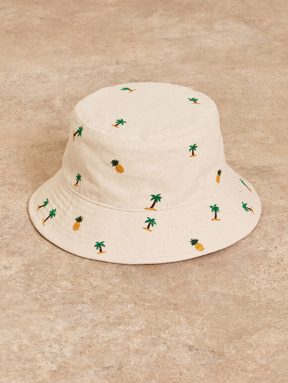 Tropical Palm Embroidered Bucket Hat, White, large