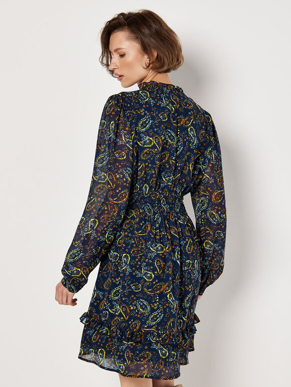 Paisley Ruffle Mini Dress , Navy, large