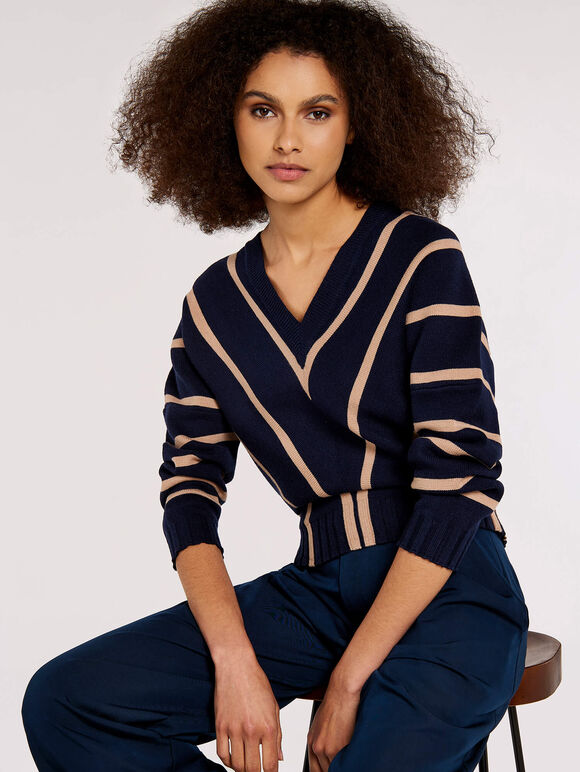Chevron V Neck Jumper, Navy, large