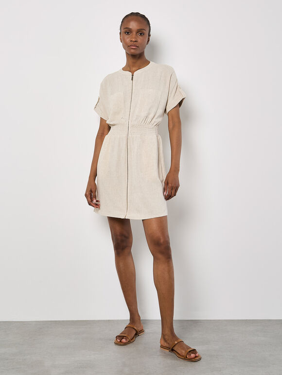Linen Mix Utility Mini Dress, Cream, large