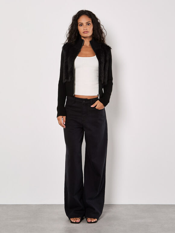 Faux Fur Ribbed Knit Cardigan, Black, large