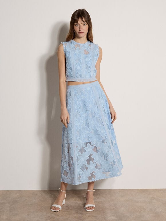 Floral Mesh Lace Midi Skirt, Blue, large