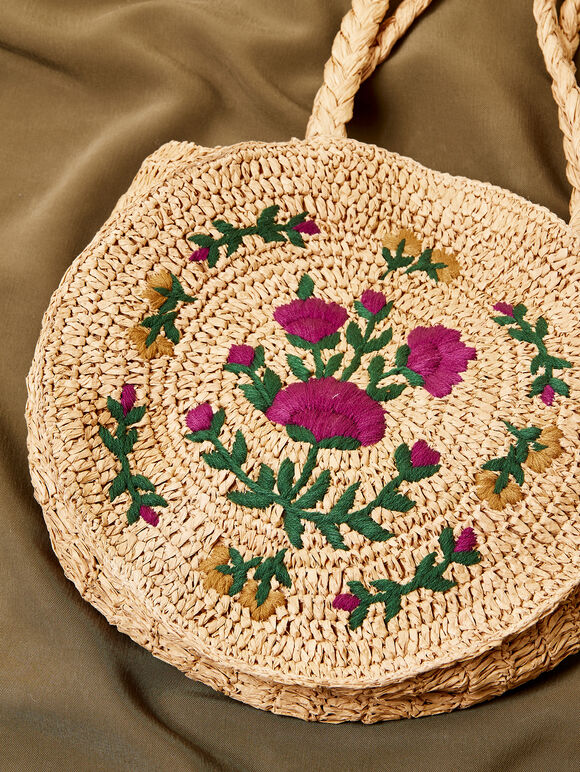 Floral Embroidered Round Straw Bag, Stone, large