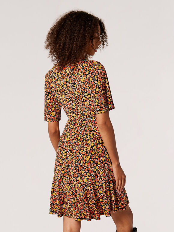 Ditsy Floral Wrap Mini Dress, Mustard, large
