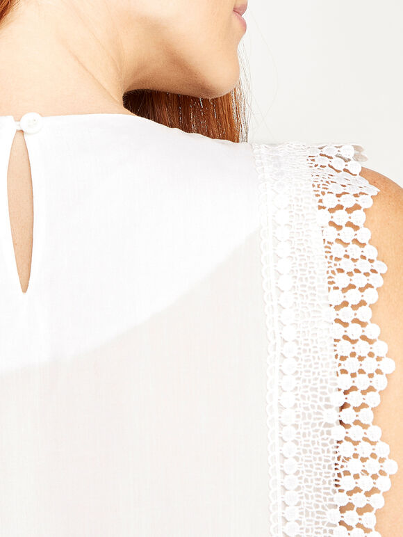 Crochet Lace Trim Ruffle Top, Cream, large