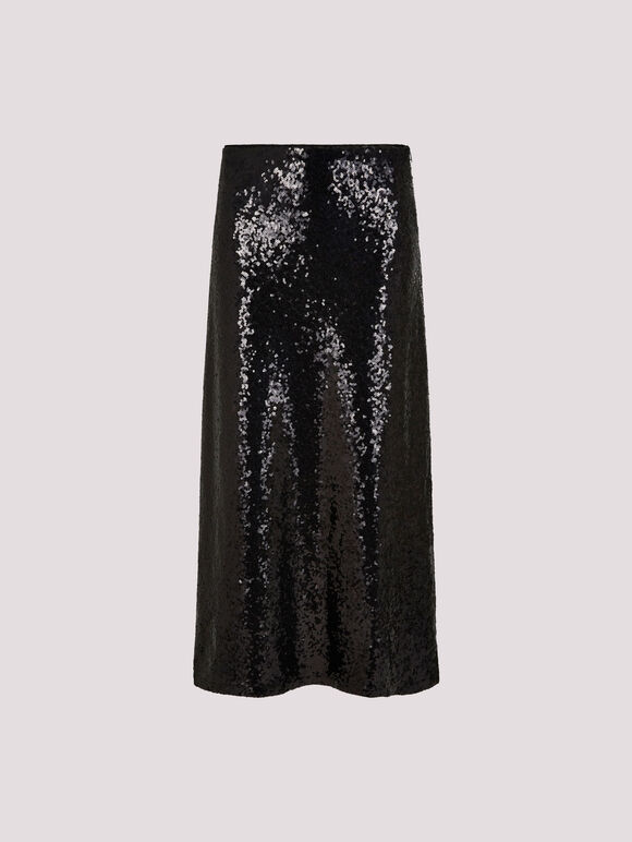 Sequin Bias Cut Midaxi Skirt, Black, large