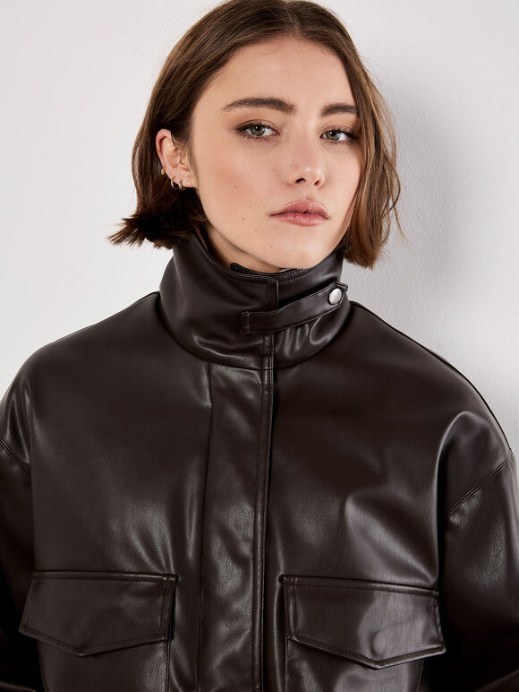 Faux Leather Bomber Jacket, Brown, large
