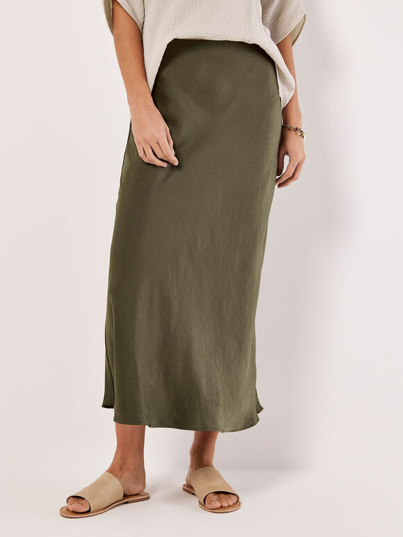 Satin Bias Midi Skirt, Khaki, large