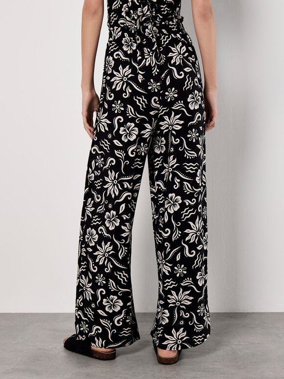 Tropical Print Wrap Leg Trousers, Black, large