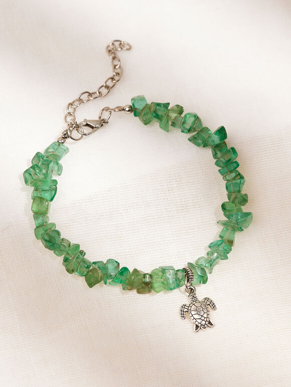 Green Stone Turtle Charm Bracelet, Green, large