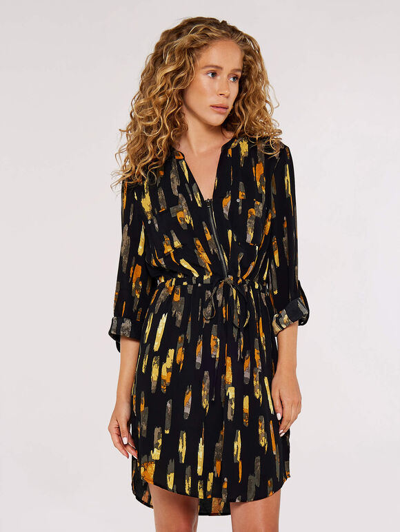 Brushstroke Print Mini Dress , Black, large