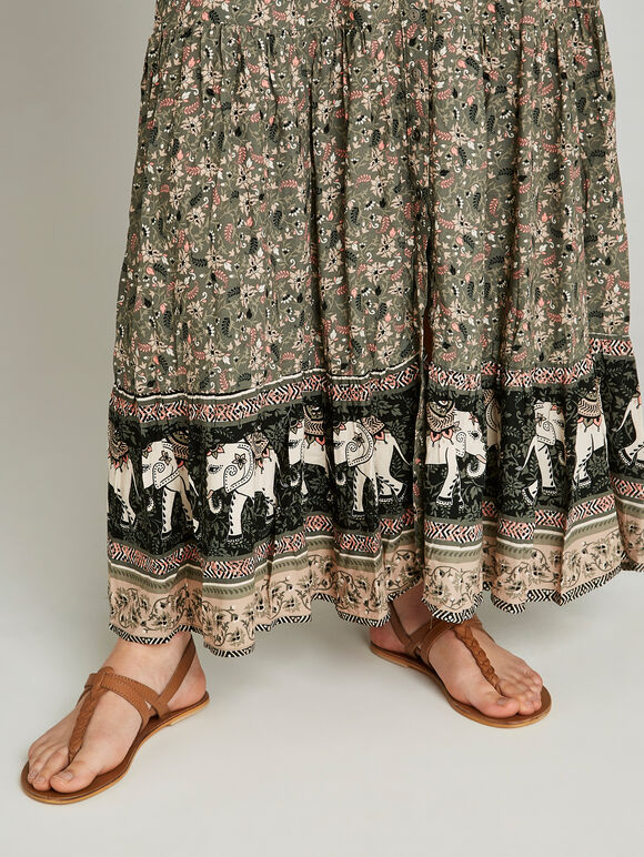 Elephant Border Print Maxi Dress, Khaki, large