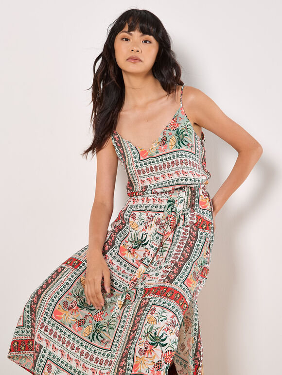 Tropical Print Camisole Midi Dress, Mint, large