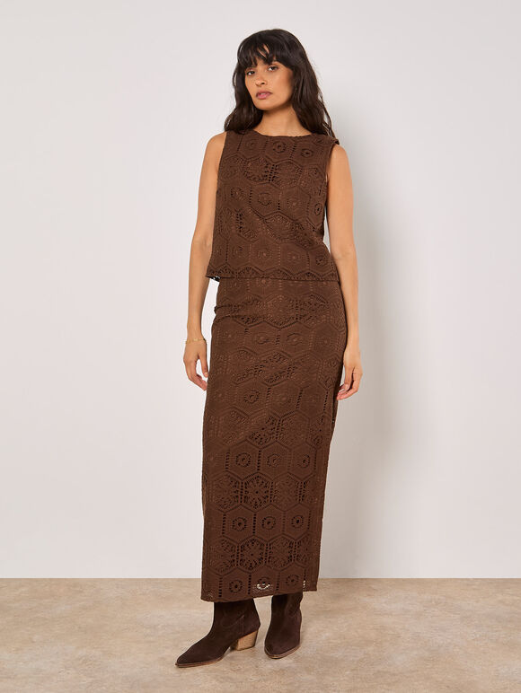 Crochet Lace Tile Shell Top, Brown, large