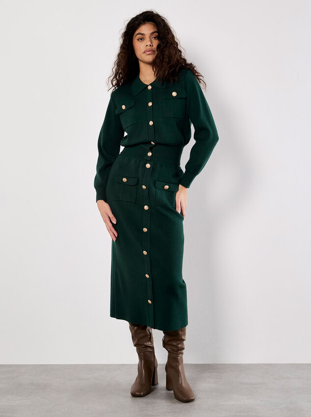 Ribbed Knit Button-Down Midi Skirt, Green, large