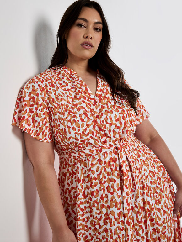 Curve Leopard Shirt Midi Dress, Orange, large