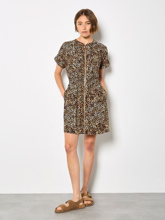 Leopard Print Zip-Down Mini Dress

, Brown, large