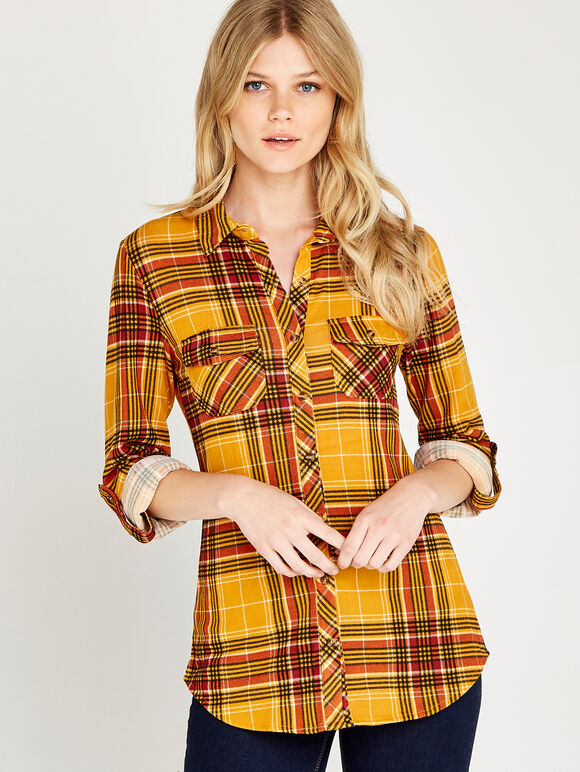 Yellow Retro Plaid Shirt, Mustard, large