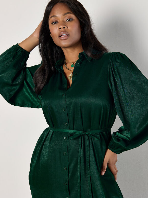 Curve Satin Shirt Midi Dress, Green, large