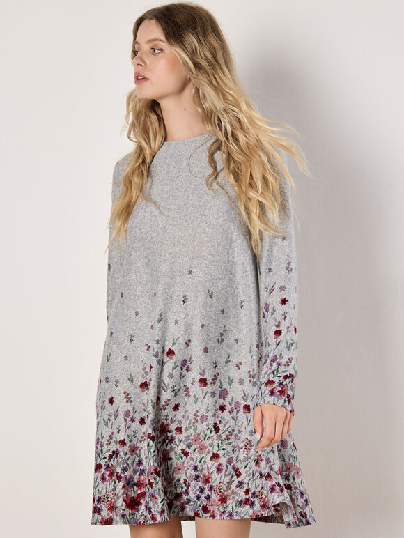 Floral Border Jersey Knit Mini Dress, Silver, large