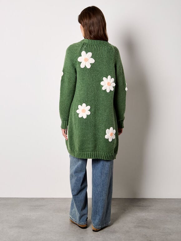 3D Daisy Chunky Knit Cardigan, Green, large