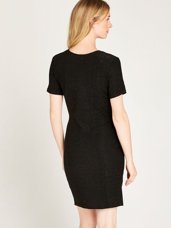 V-Neck Knot Waist Dress, Black, large